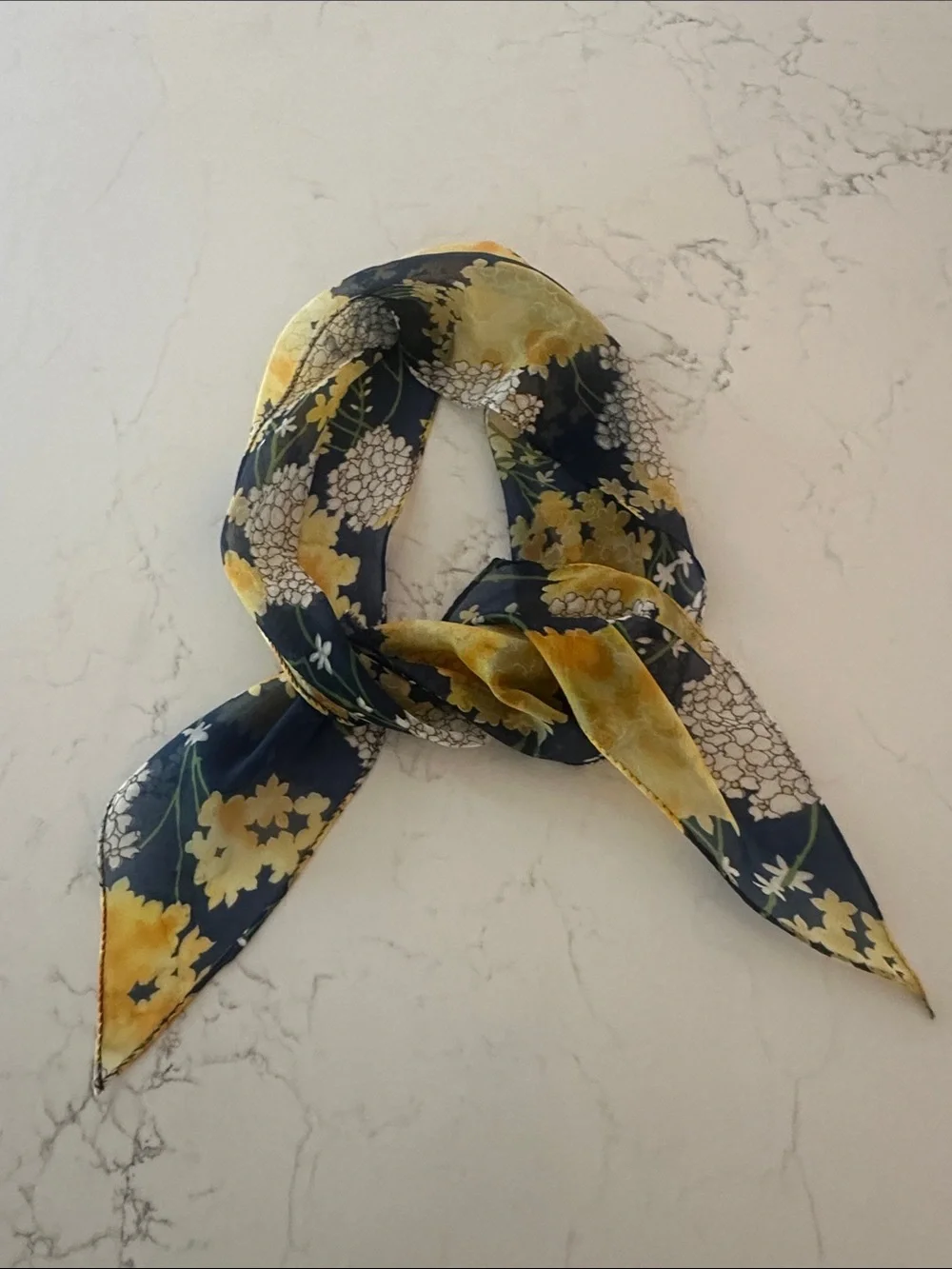 Navy Floral Chiffon Scarf with Yellow & White Blooms